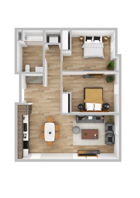 a 3d drawing of the 1 bedroom floor plan of a modern apartment
